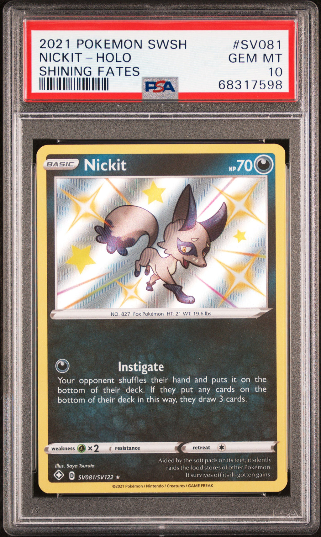 2021 POKEMON SWORD & SHIELD SHINING FATES #SV081 NICKIT-HOLO PSA 10