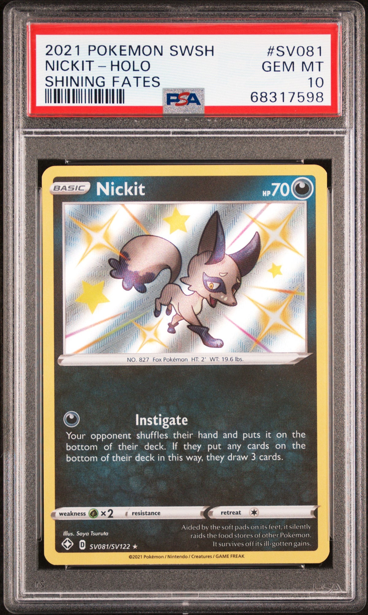 2021 POKEMON SWORD & SHIELD SHINING FATES #SV081 NICKIT-HOLO PSA 10